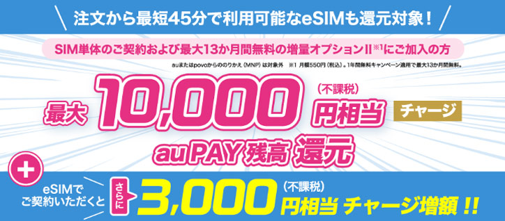 SIM乗り換え au PAY残高最大10,000円相当還元